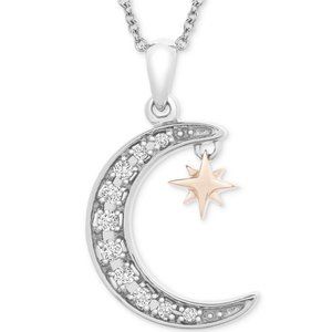 Diamond Crescent Moon Compass Rose Star 20" Sterling Silver Pendant Necklace